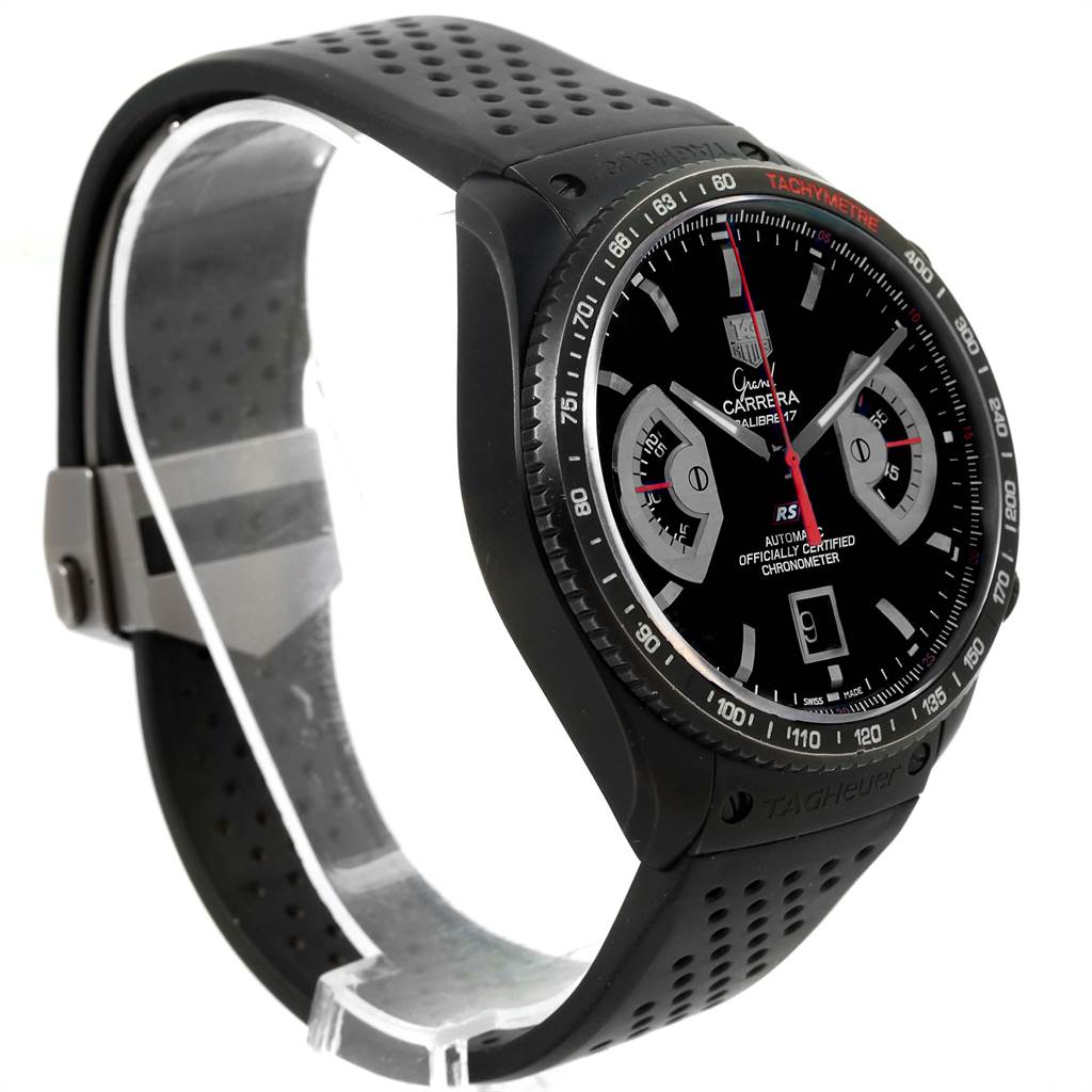 The image shows a side and front angle of the Tag Heuer Carrera CAV518B.FT6016 Men
s Stainless Steel Black Dial CAV518B.FT6016 Men
s Stainless Steel Black Dial watch, highlighting the dial, bezel, and perforated strap.