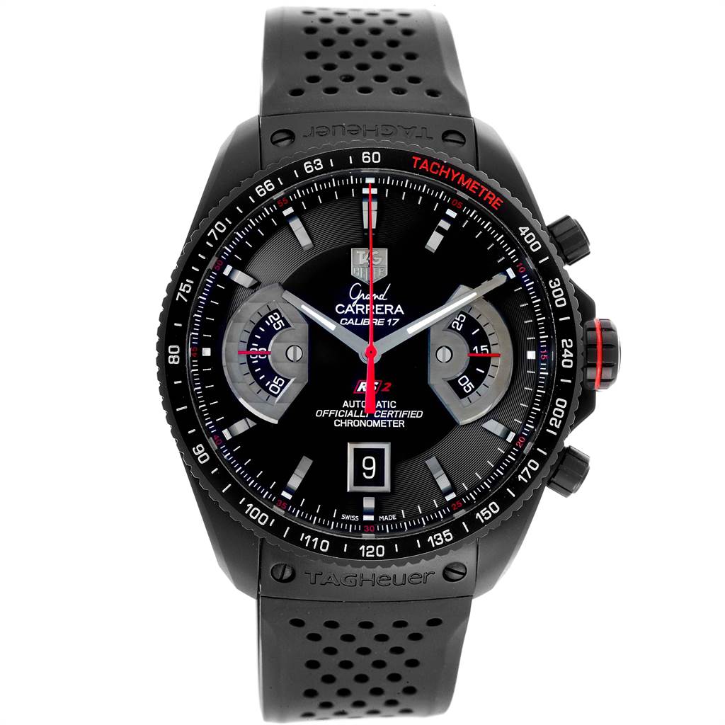 This image shows a full, front view of the Tag Heuer Carrera CAV518B.FT6016 Men
s Stainless Steel Black Dial CAV518B.FT6016 Men
s Stainless Steel Black Dial model watch, displaying the dial, bezel, and strap.