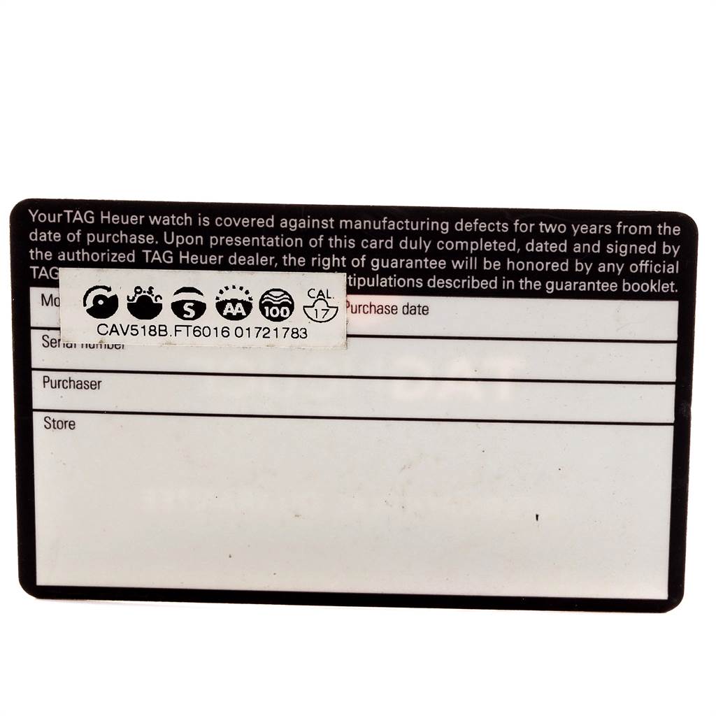 The image shows the warranty card for the Carrera model by Tag Heuer.