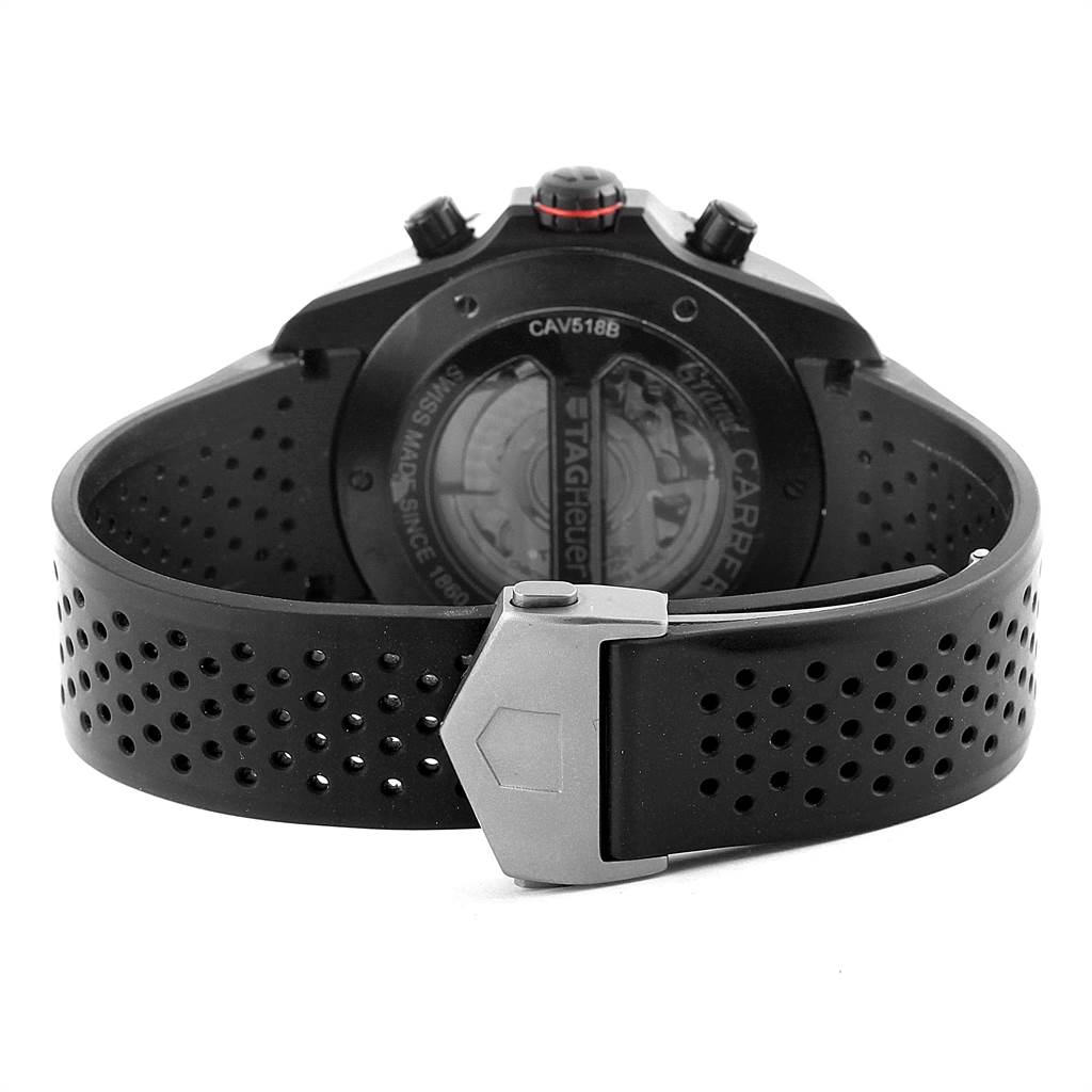 This image shows the rear view of the Tag Heuer Carrera CAV518B.FT6016 Men
s Stainless Steel Black Dial CAV518B.FT6016 Men
s Stainless Steel Black Dial watch, highlighting the clasp and perforated rubber strap.