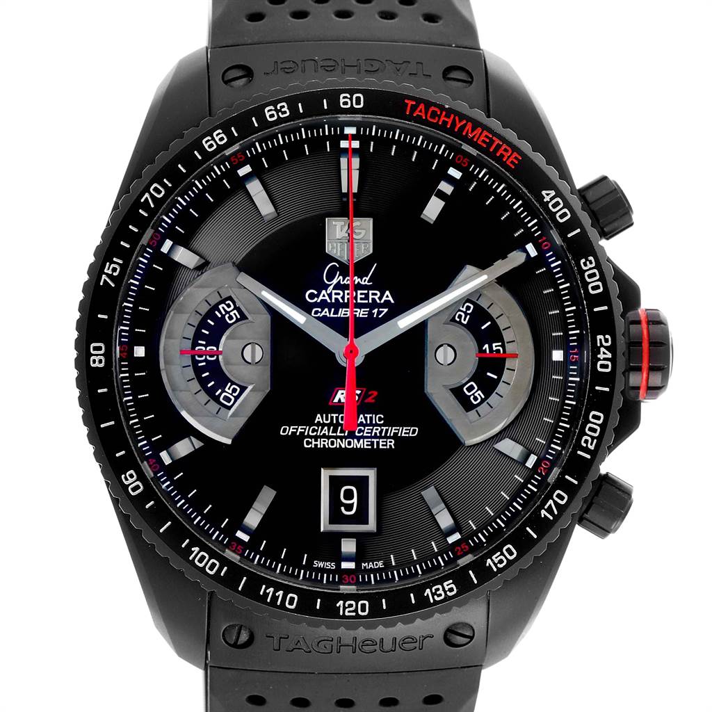 The image shows a front view of the Tag Heuer Carrera CAV518B.FT6016 Men
s Stainless Steel Black Dial CAV518B.FT6016 Men
s Stainless Steel Black Dial watch dial, including chronograph subdials and the tachymeter bezel.