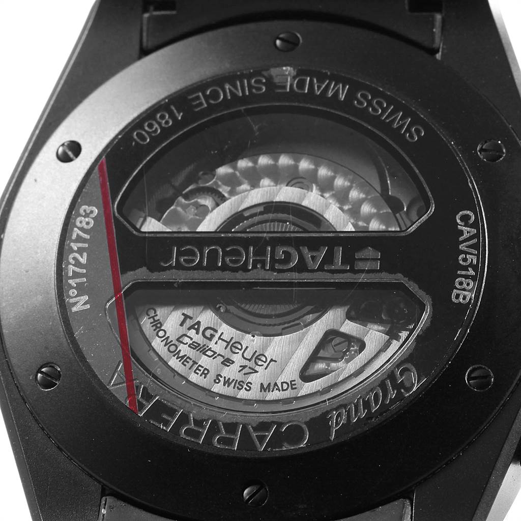 The image shows the back view of the Tag Heuer Carrera CAV518B.FT6016 Men
s Stainless Steel Black Dial CAV518B.FT6016 Men
s Stainless Steel Black Dial watch, displaying its internal mechanism and engravings.