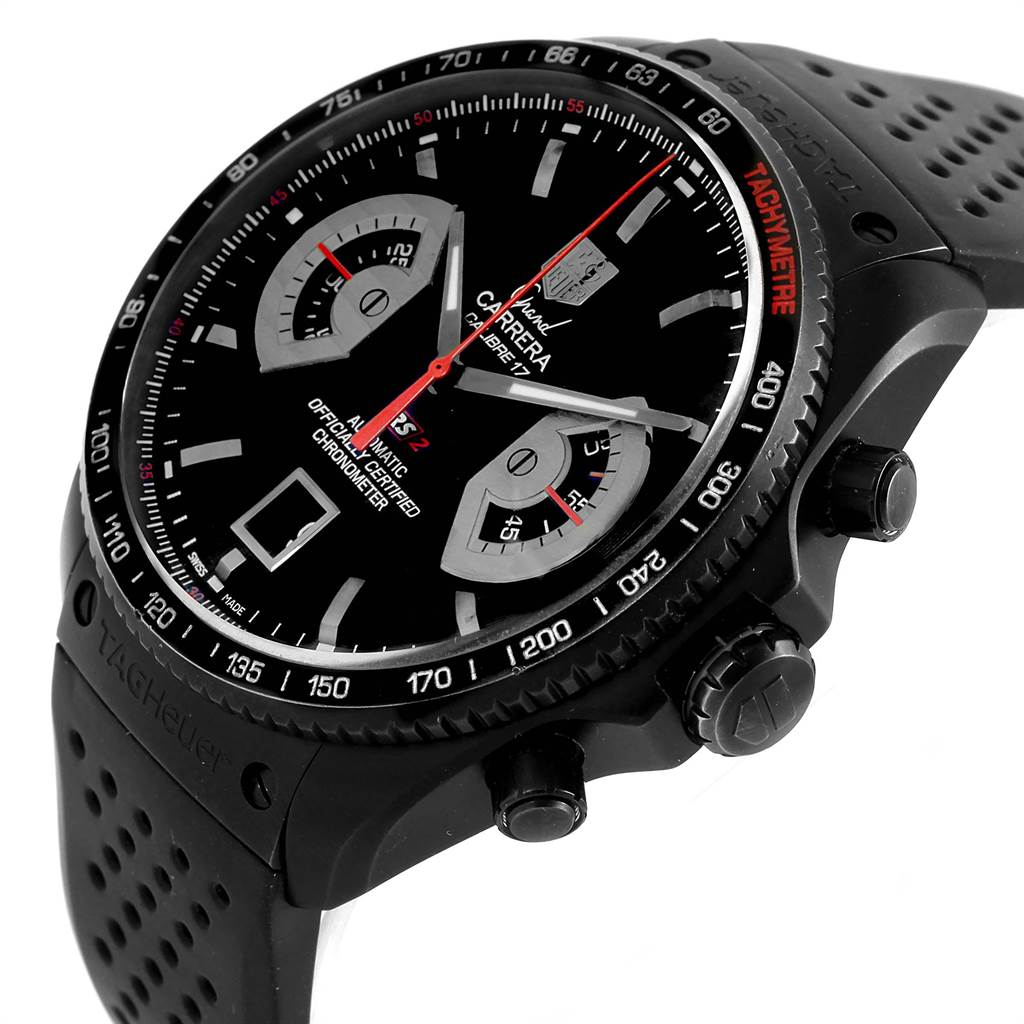 The image shows a side angle of the Tag Heuer Carrera CAV518B.FT6016 Men
s Stainless Steel Black Dial CAV518B.FT6016 Men
s Stainless Steel Black Dial watch, highlighting the black dial, chronograph, and tachymeter bezel.
