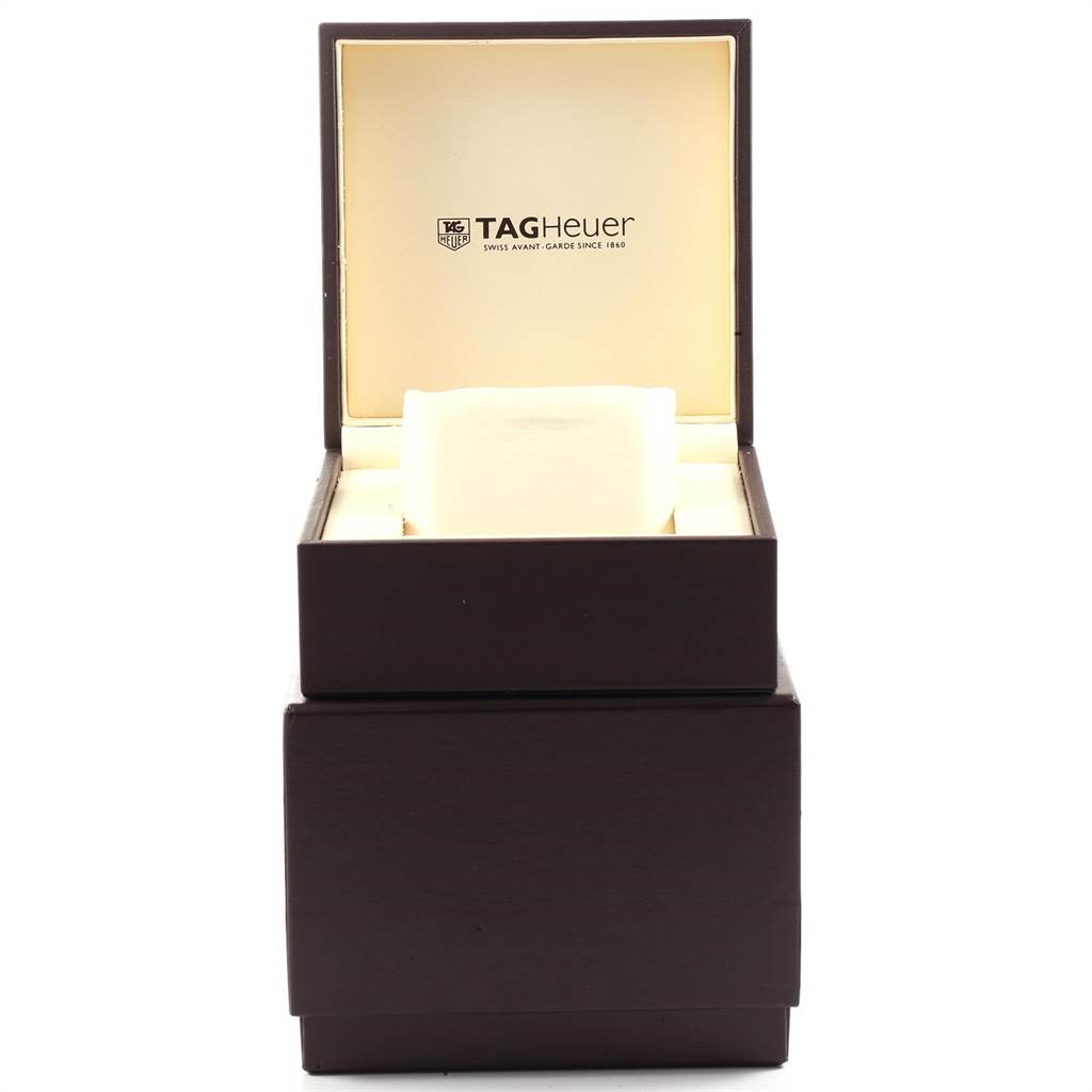 The image shows an open Tag Heuer Aquaracer CAJ2112.BA0872 Men
s Stainless Steel Black Dial CAJ2112.BA0872 Men
s Stainless Steel Black Dial watch box viewed from the front.