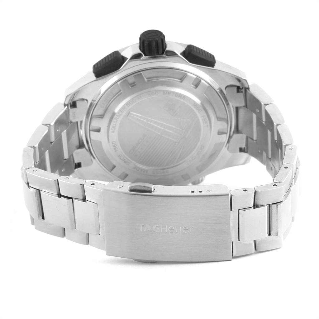 The image shows the back view of a Tag Heuer Aquaracer CAJ2112.BA0872 Men
s Stainless Steel Black Dial CAJ2112.BA0872 Men
s Stainless Steel Black Dial watch, highlighting its bracelet, clasp, and case back.