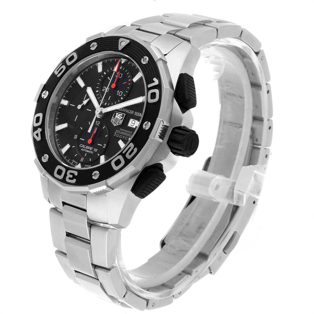 The image shows a Tag Heuer Aquaracer CAJ2112.BA0872 Men
s Stainless Steel Black Dial CAJ2112.BA0872 Men
s Stainless Steel Black Dial watch from a side angle, highlighting its bezel, face, crown, push buttons, and bracelet.