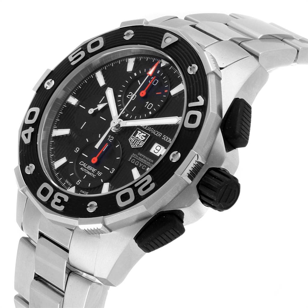The image shows a side angle of the Tag Heuer Aquaracer CAJ2112.BA0872 Men
s Stainless Steel Black Dial CAJ2112.BA0872 Men
s Stainless Steel Black Dial watch, highlighting its face, bezel, and pushers.