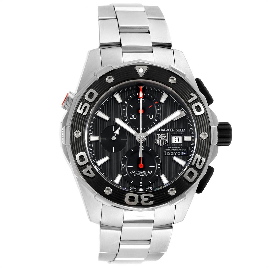 The image shows the front view of the Tag Heuer Aquaracer CAJ2112.BA0872 Men
s Stainless Steel Black Dial CAJ2112.BA0872 Men
s Stainless Steel Black Dial watch, highlighting its face, bezel, and stainless steel bracelet.