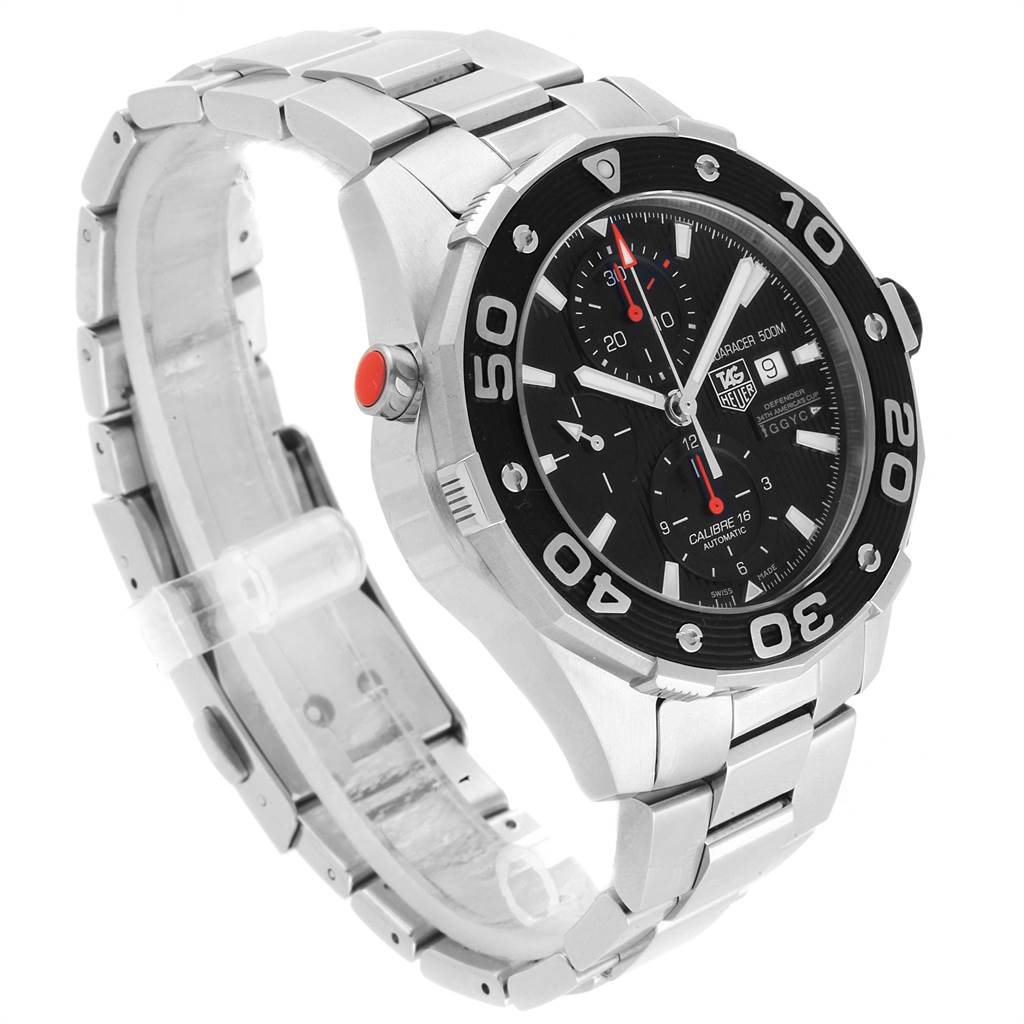 This image shows a side and front angle of a Tag Heuer Aquaracer CAJ2112.BA0872 Men
s Stainless Steel Black Dial CAJ2112.BA0872 Men
s Stainless Steel Black Dial watch, highlighting the dial, bezel, and metal bracelet.