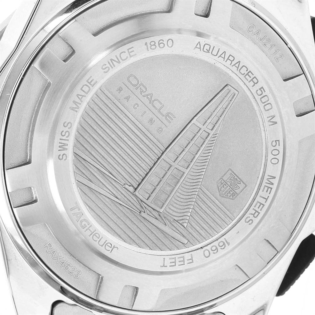 This image shows the back case of a Tag Heuer Aquaracer CAJ2112.BA0872 Men
s Stainless Steel Black Dial CAJ2112.BA0872 Men
s Stainless Steel Black Dial watch, featuring branding and model-specific engravings.