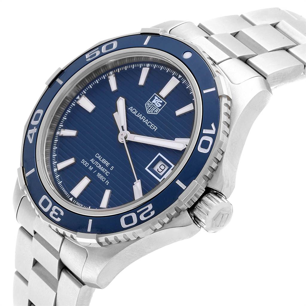 The image shows a close-up side angle of a Tag Heuer Aquaracer WAK2111.BA0830 Men's Stainless Steel Blue Dial WAK2111.BA0830 Men's Stainless Steel Blue Dial watch, highlighting the bezel, dial, bracelet, and crown.