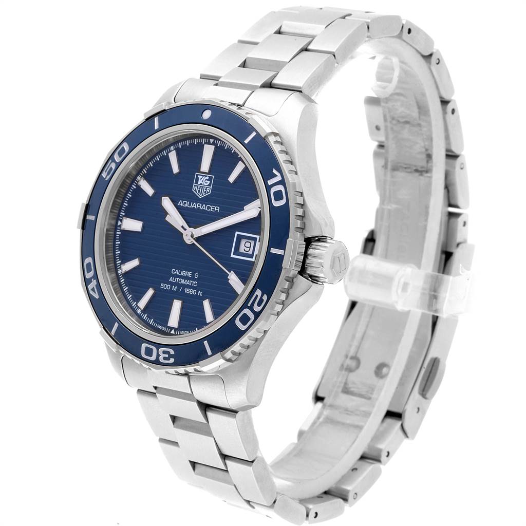 The image shows a Tag Heuer Aquaracer WAK2111.BA0830 Men's Stainless Steel Blue Dial WAK2111.BA0830 Men's Stainless Steel Blue Dial watch from a front angle, displaying the dial, bezel, crown, and bracelet.