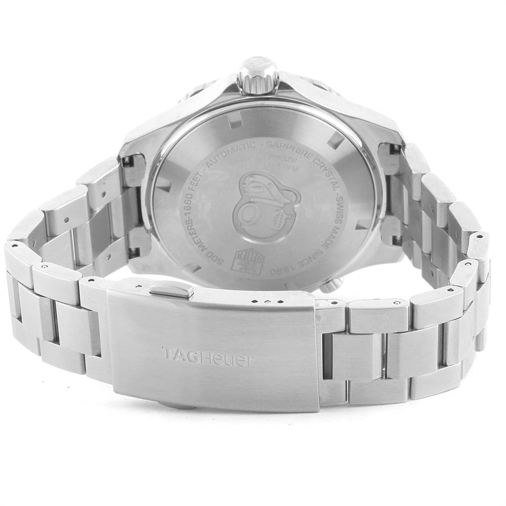 This Tag Heuer Aquaracer WAK2111.BA0830 Men's Stainless Steel Blue Dial WAK2111.BA0830 Men's Stainless Steel Blue Dial watch is shown from the rear angle, highlighting its case back and metal bracelet clasp.