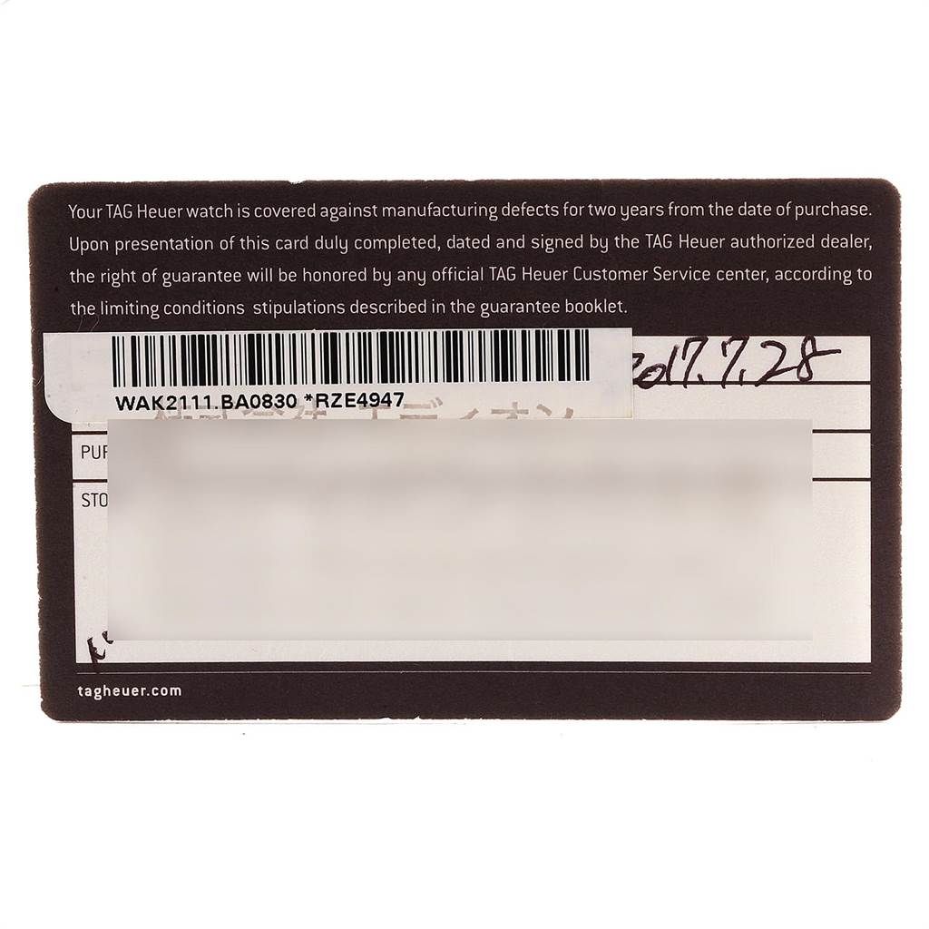 This image shows a TAG Heuer warranty card for the Aquaracer model, including details on warranty coverage and purchase information.