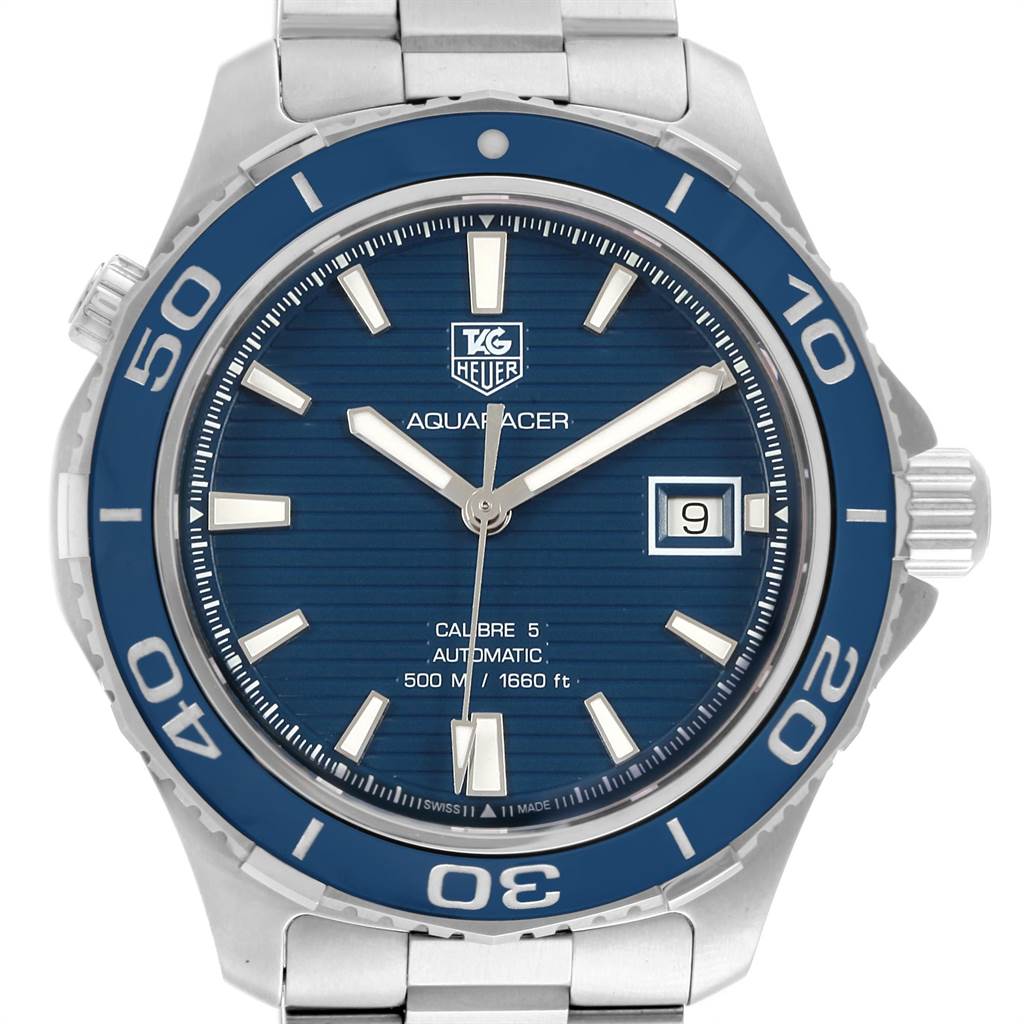 This Tag Heuer Aquaracer WAK2111.BA0830 Men's Stainless Steel Blue Dial WAK2111.BA0830 Men's Stainless Steel Blue Dial watch is shown from the front, focusing on the dial, bezel, and part of the bracelet.