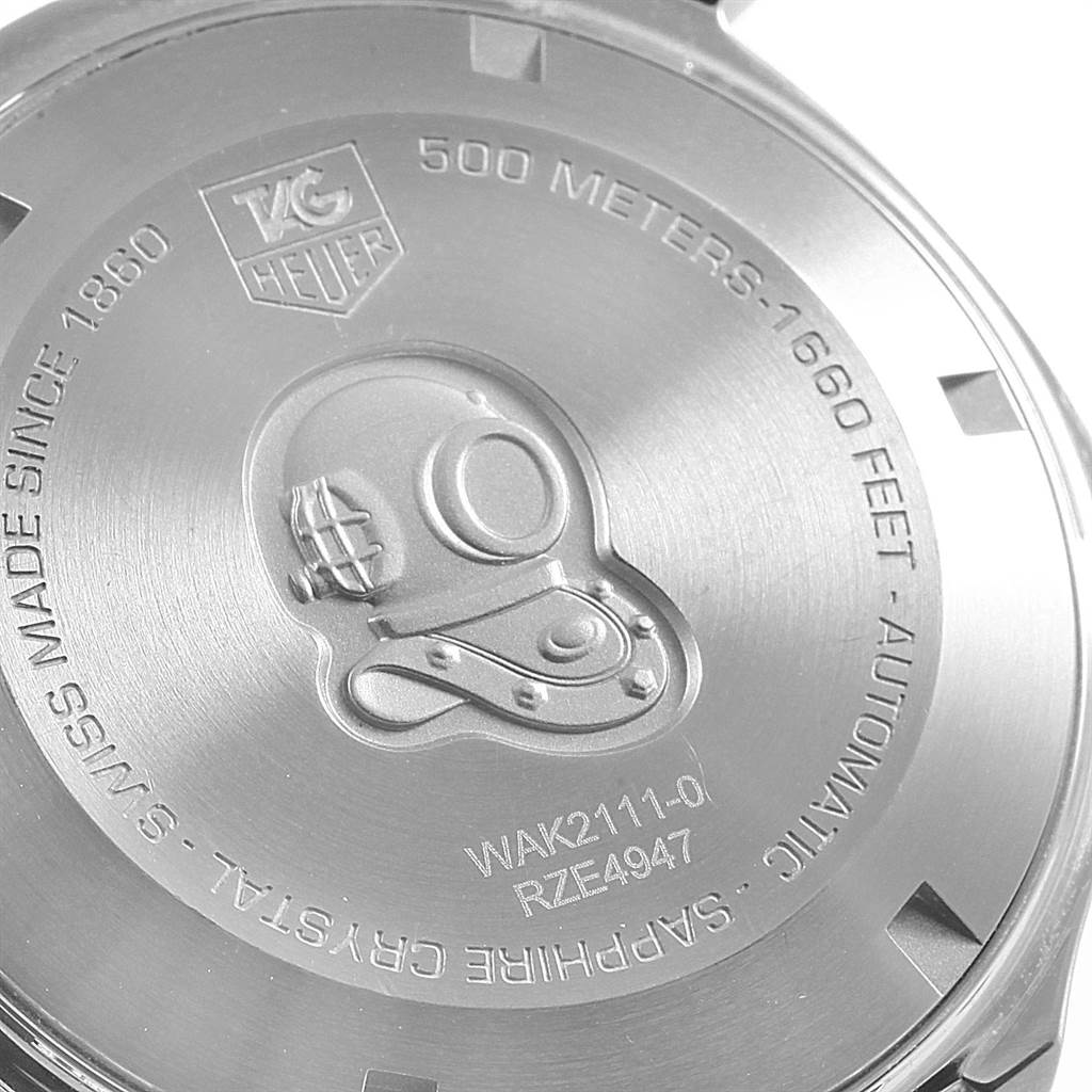 The image shows the back case of a Tag Heuer Aquaracer WAK2111.BA0830 Men's Stainless Steel Blue Dial WAK2111.BA0830 Men's Stainless Steel Blue Dial watch, indicating water resistance and other specifications.