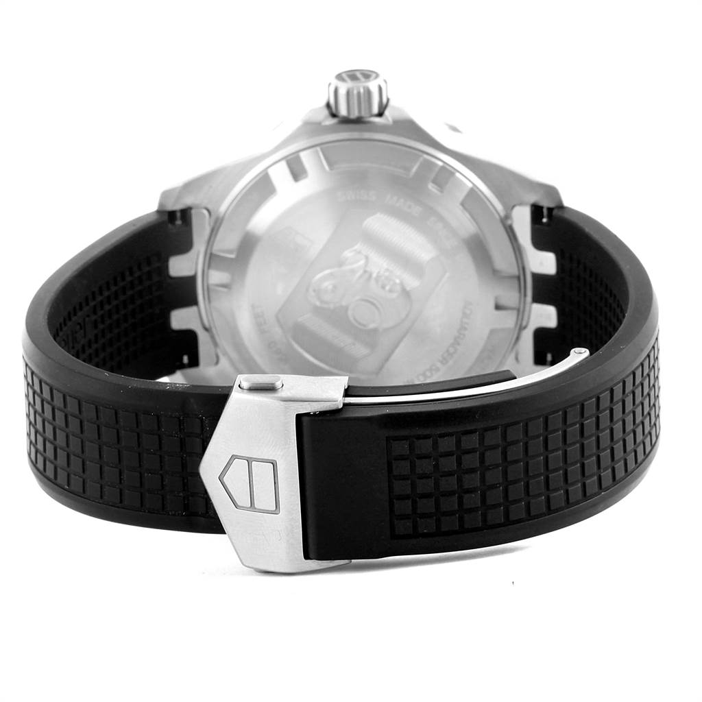 This image shows the back view of a Tag Heuer Aquaracer WAJ1113.FT6015 Men's Stainless Steel Orange Dial WAJ1113.FT6015 Men's Stainless Steel Orange Dial watch, highlighting the case back and the clasp of the rubber strap.