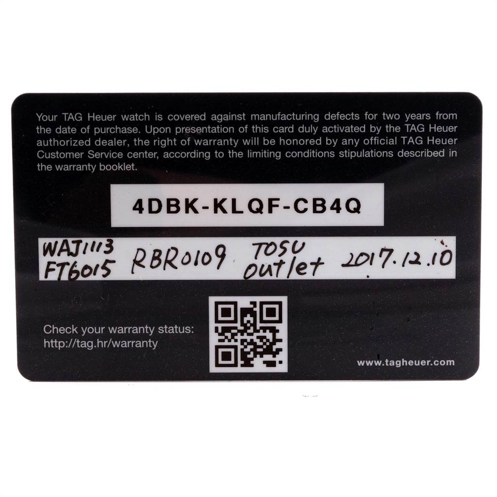 This image shows a warranty card for the Tag Heuer Aquaracer WAJ1113.FT6015 Men's Stainless Steel Orange Dial WAJ1113.FT6015 Men's Stainless Steel Orange Dial model.