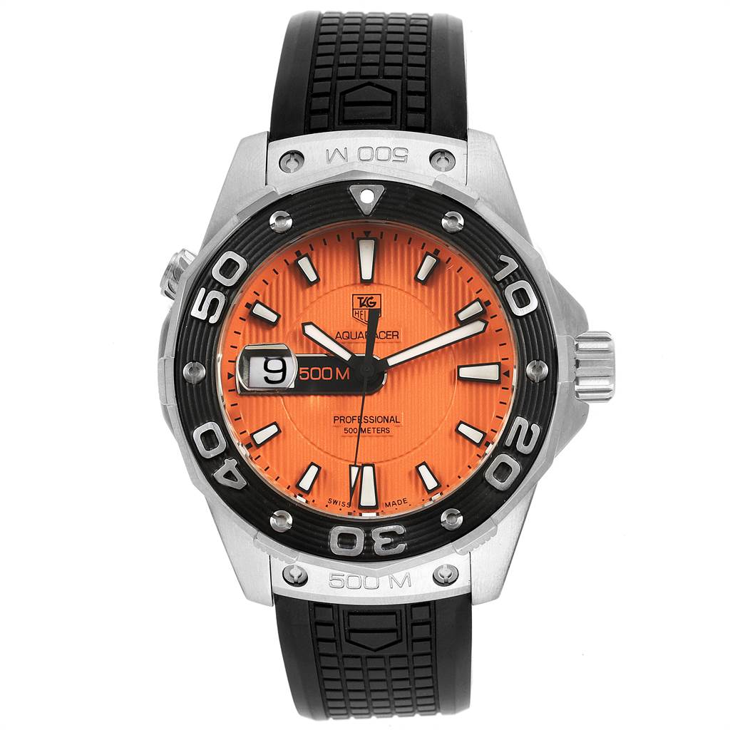 The image shows a front view of a Tag Heuer Aquaracer WAJ1113.FT6015 Men's Stainless Steel Orange Dial WAJ1113.FT6015 Men's Stainless Steel Orange Dial watch with an orange dial and a black strap.