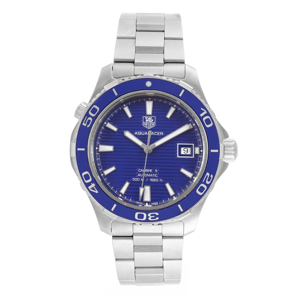 The image shows a front view of the Tag Heuer Aquaracer WAK2111.BA0830 Men's Stainless Steel Blue Dial WAK2111.BA0830 Men's Stainless Steel Blue Dial watch, highlighting its blue dial, bezel, and stainless steel bracelet.