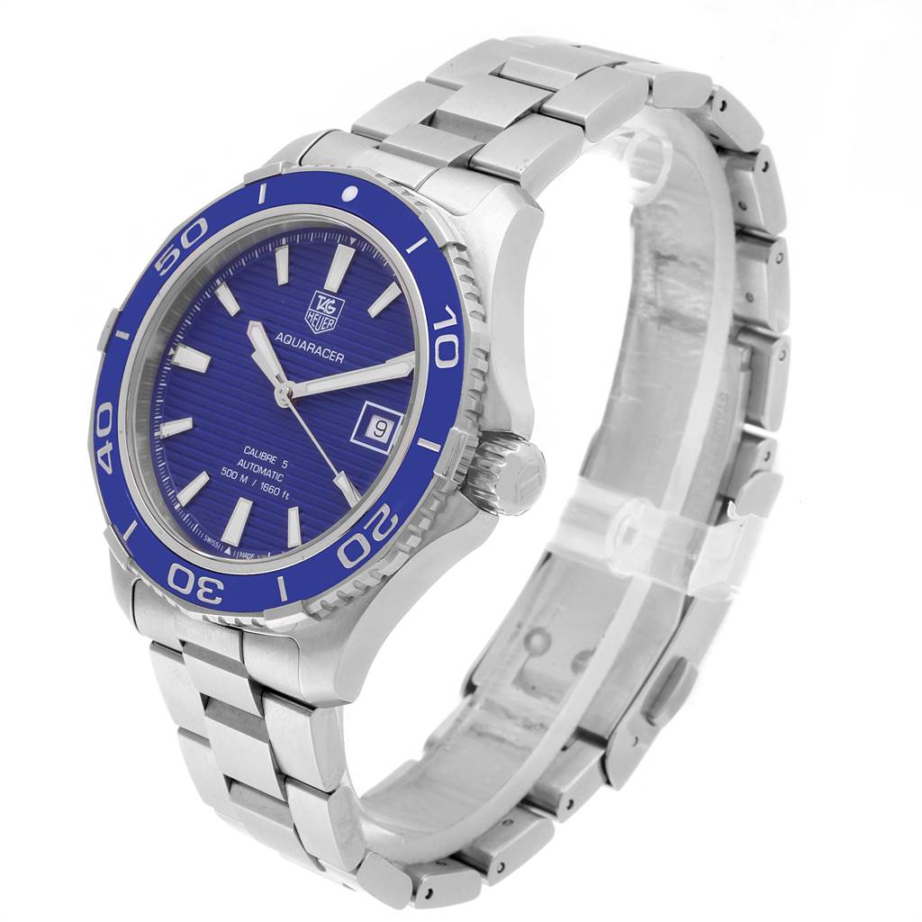 The Tag Heuer Aquaracer WAK2111.BA0830 Men's Stainless Steel Blue Dial WAK2111.BA0830 Men's Stainless Steel Blue Dial watch is shown at a slight angle, displaying its blue dial, bezel, and stainless steel bracelet.