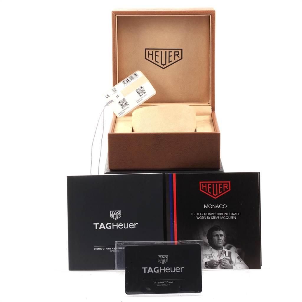 The image shows the Tag Heuer Monaco CAW211P Men's Stainless Steel Blue Dial CAW211P Men's Stainless Steel Blue Dial watch box, manuals, and warranty card from the front angle.