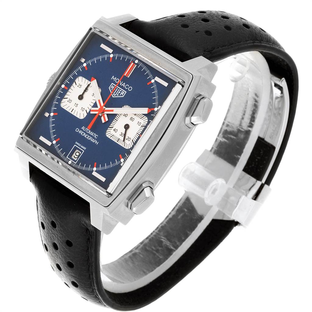 The image shows a side and front angle of a Tag Heuer Monaco CAW211P Men's Stainless Steel Blue Dial CAW211P Men's Stainless Steel Blue Dial watch, featuring its square dial and black perforated leather strap.