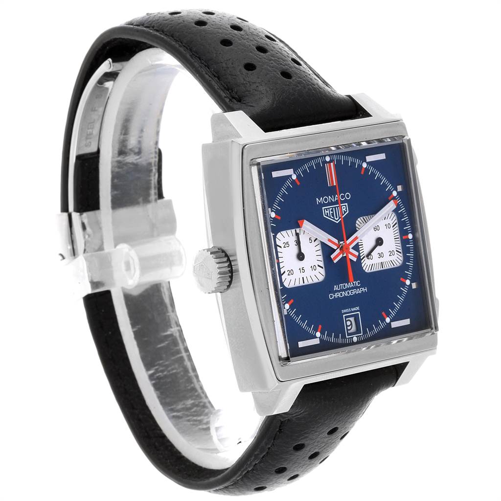 The image shows a side and angled view of a Tag Heuer Monaco CAW211P Men's Stainless Steel Blue Dial CAW211P Men's Stainless Steel Blue Dial watch, highlighting its square face, dial, and black leather strap.