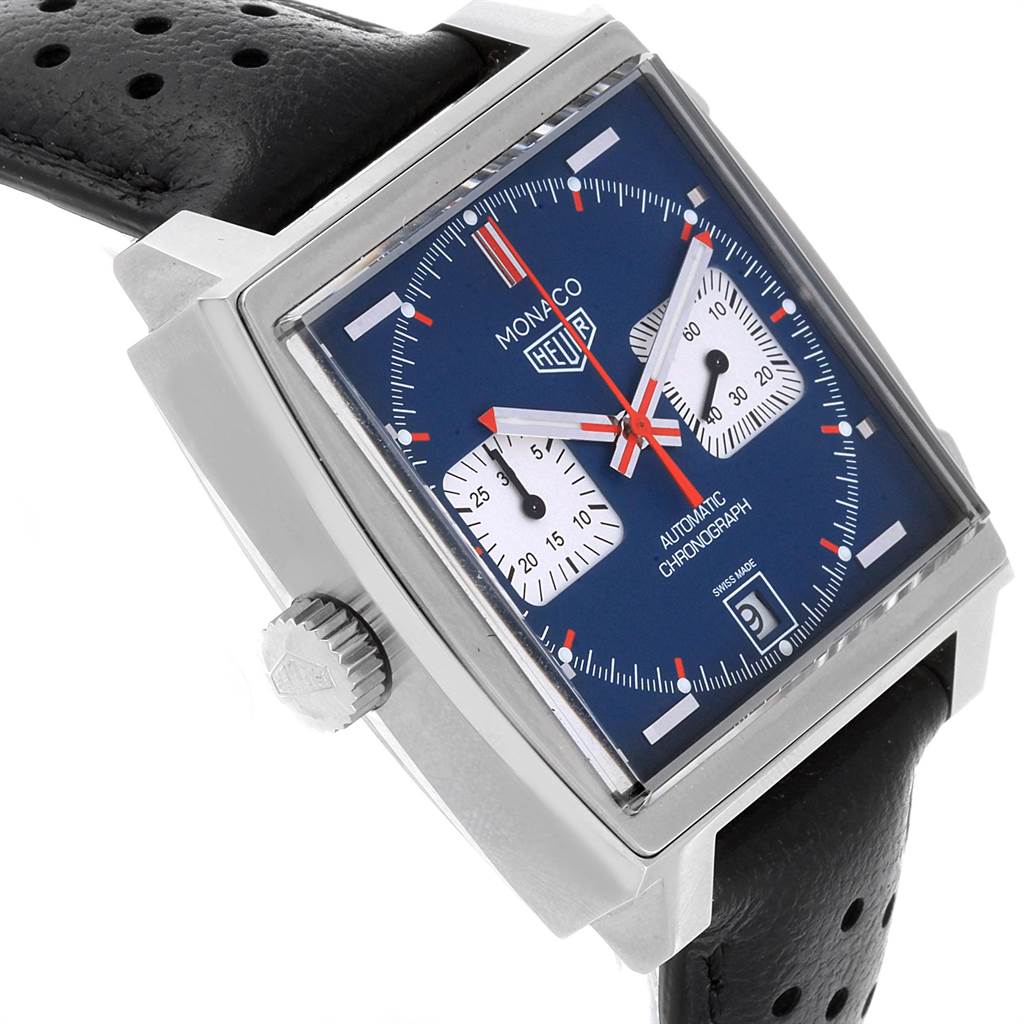 This Tag Heuer Monaco CAW211P Men's Stainless Steel Blue Dial CAW211P Men's Stainless Steel Blue Dial model watch is shown at a slight side angle, highlighting its square face, crown, and black leather strap.