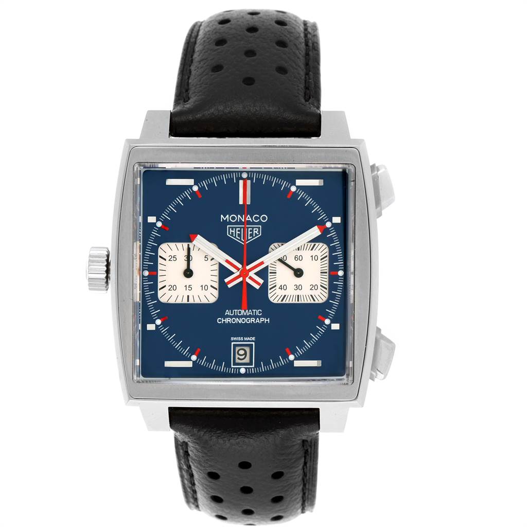 The image shows a front view of the Tag Heuer Monaco CAW211P Men's Stainless Steel Blue Dial CAW211P Men's Stainless Steel Blue Dial watch, featuring its square face, chronograph dials, and a black perforated strap.