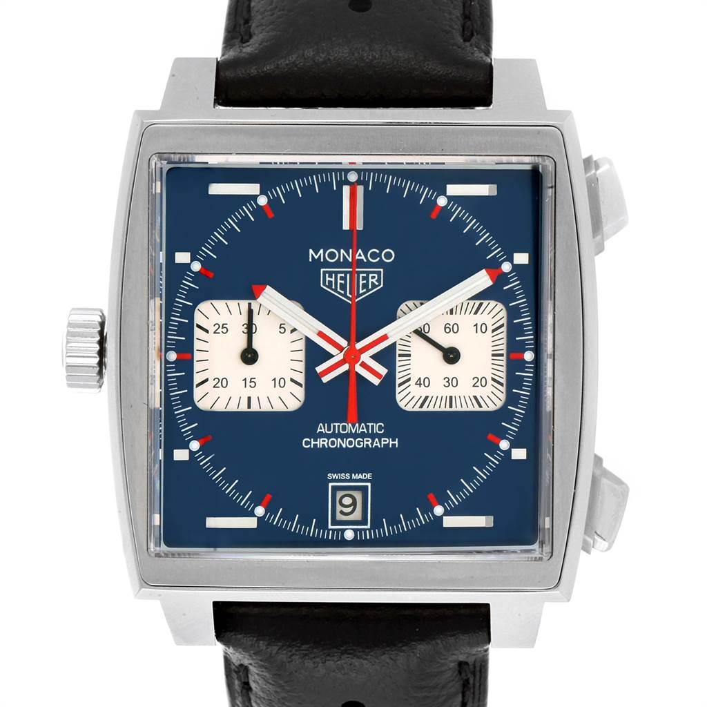 The image shows a front view of the Tag Heuer Monaco CAW211P Men's Stainless Steel Blue Dial CAW211P Men's Stainless Steel Blue Dial watch, displaying the face, dials, and strap.