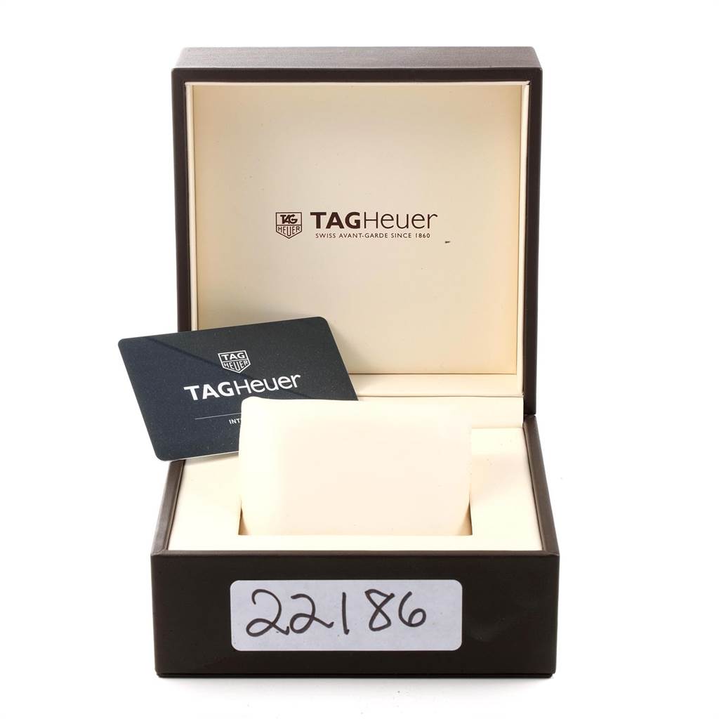 The image shows the packaging box for a Tag Heuer Monaco CAW211R.FC6401 Men's Stainless Steel Blue Dial CAW211R.FC6401 Men's Stainless Steel Blue Dial watch, including an authenticity card placed inside.