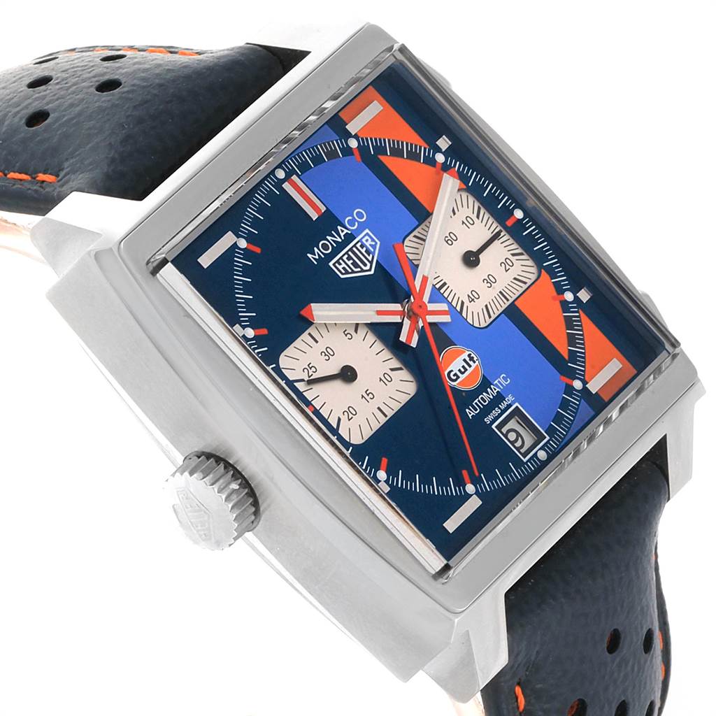 The image shows a close-up angled view of the Tag Heuer Monaco CAW211R.FC6401 Men's Stainless Steel Blue Dial CAW211R.FC6401 Men's Stainless Steel Blue Dial watch, highlighting its square dial, crown, and leather strap.