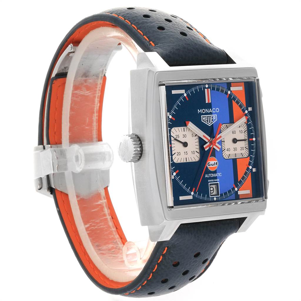 The image shows a side and front angle of a Tag Heuer Monaco CAW211R.FC6401 Men's Stainless Steel Blue Dial CAW211R.FC6401 Men's Stainless Steel Blue Dial watch, highlighting its square case, dial, and perforated strap.