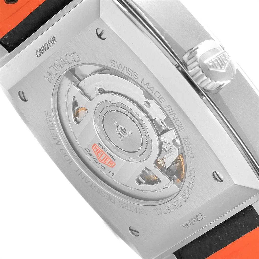 This image shows the back case and movement of the Tag Heuer Monaco CAW211R.FC6401 Men's Stainless Steel Blue Dial CAW211R.FC6401 Men's Stainless Steel Blue Dial model.
