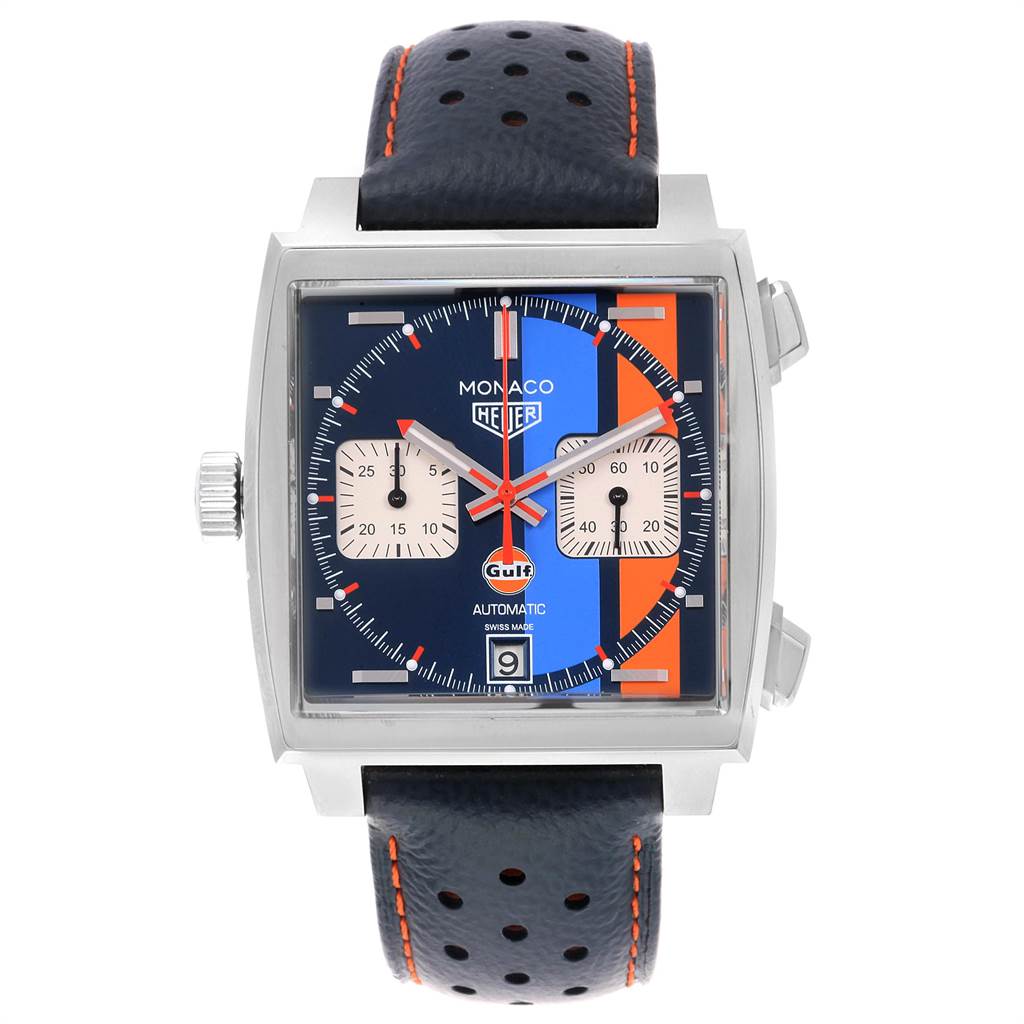 The image shows a front view of the Tag Heuer Monaco CAW211R.FC6401 Men's Stainless Steel Blue Dial CAW211R.FC6401 Men's Stainless Steel Blue Dial watch, displaying its square face, dual subdials, and perforated strap.