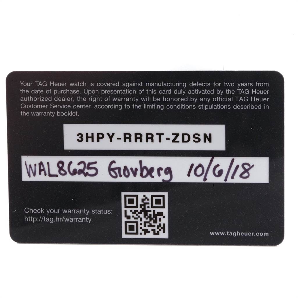 The image shows a warranty card for a Tag Heuer Monaco CAW211R.FC6401 Men's Stainless Steel Blue Dial CAW211R.FC6401 Men's Stainless Steel Blue Dial watch.
