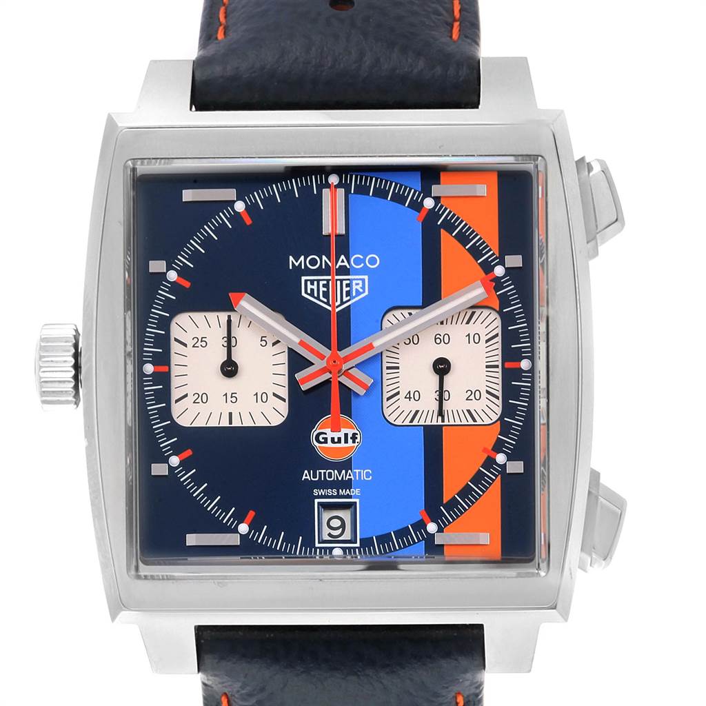 The image shows a front view of the Tag Heuer Monaco CAW211R.FC6401 Men's Stainless Steel Blue Dial CAW211R.FC6401 Men's Stainless Steel Blue Dial watch, displaying the dial, crown, pushers, and strap.