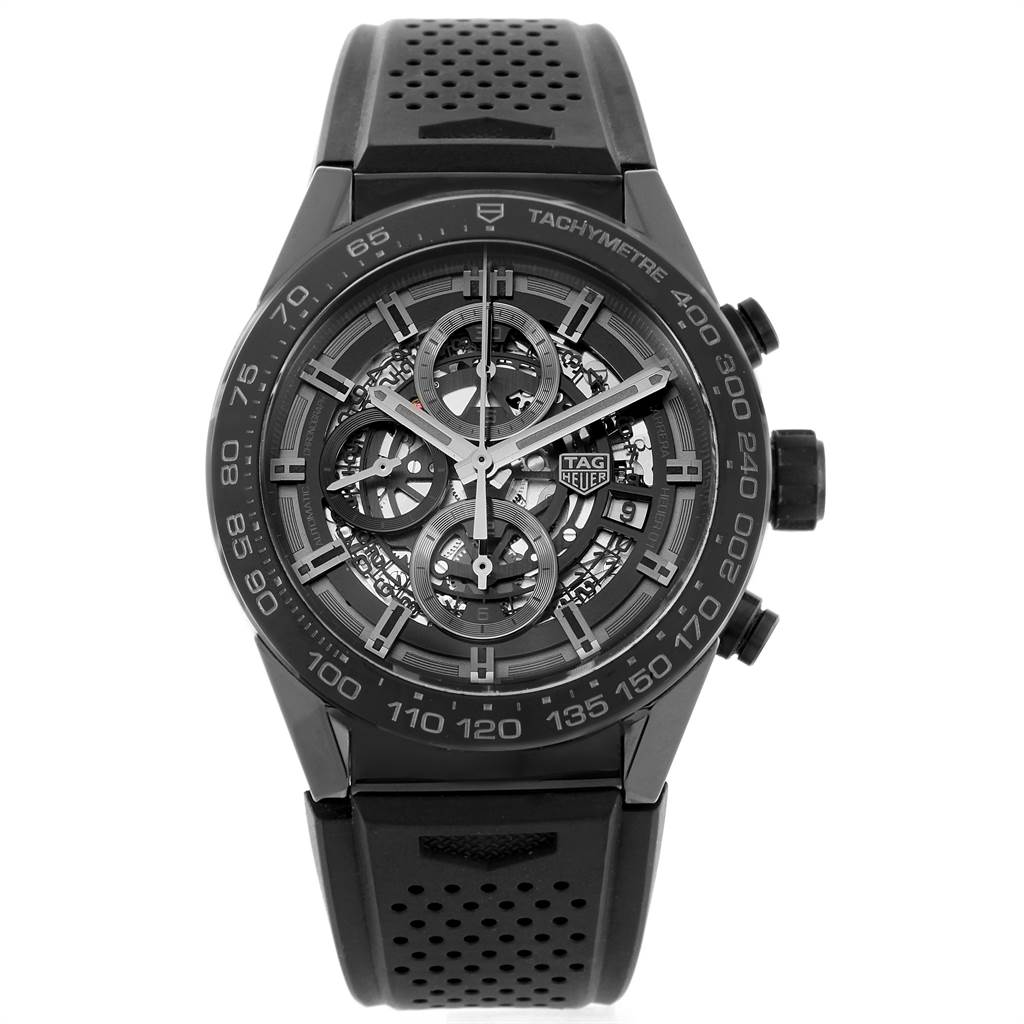 The image shows a front view of a Tag Heuer Carrera CAR2A90.FT6071 Men's Stainless Steel Black Dial CAR2A90.FT6071 Men's Stainless Steel Black Dial model watch, highlighting its black dial, chronograph subdials, and black perforated strap.