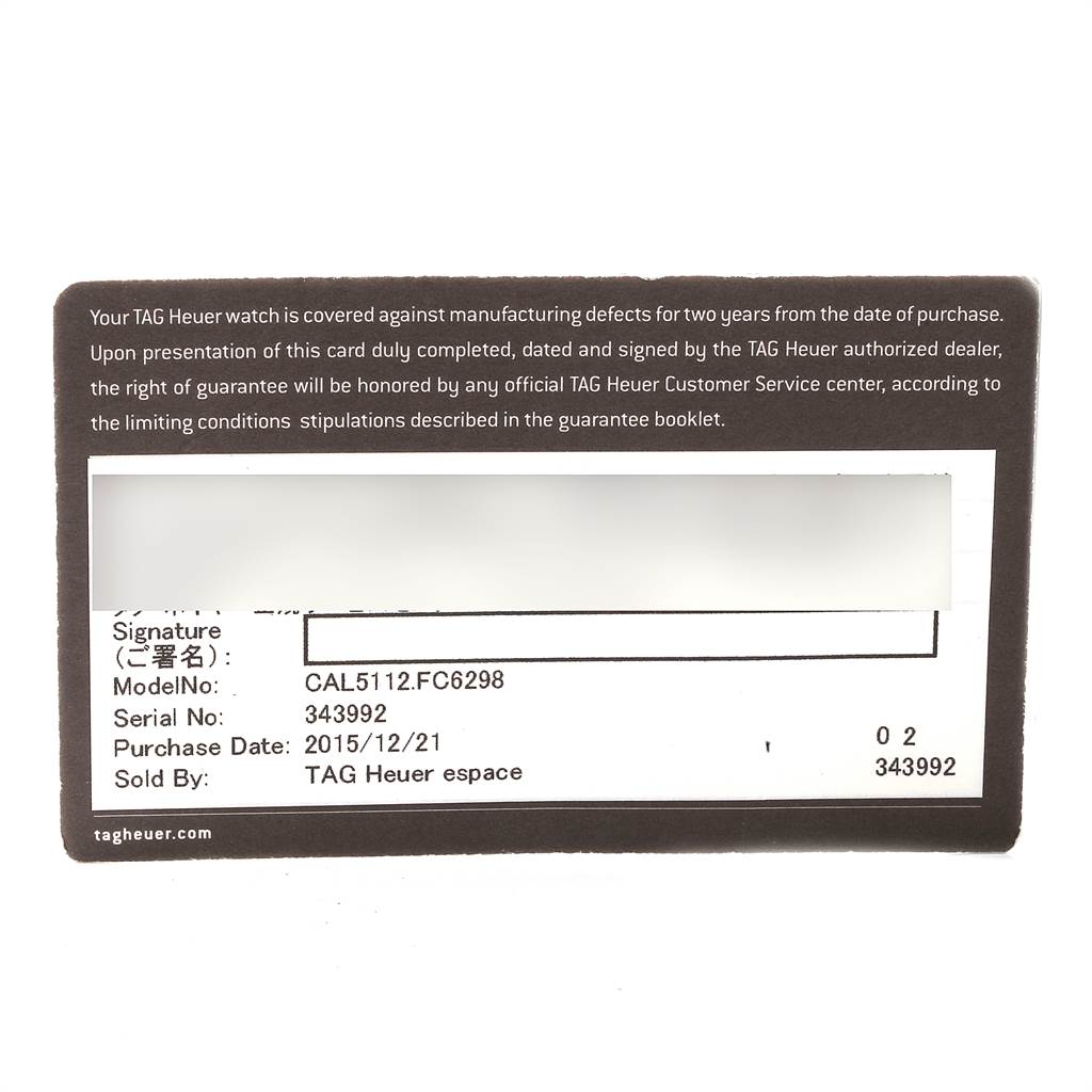 This image shows a TAG Heuer warranty card for the Monaco model watch.