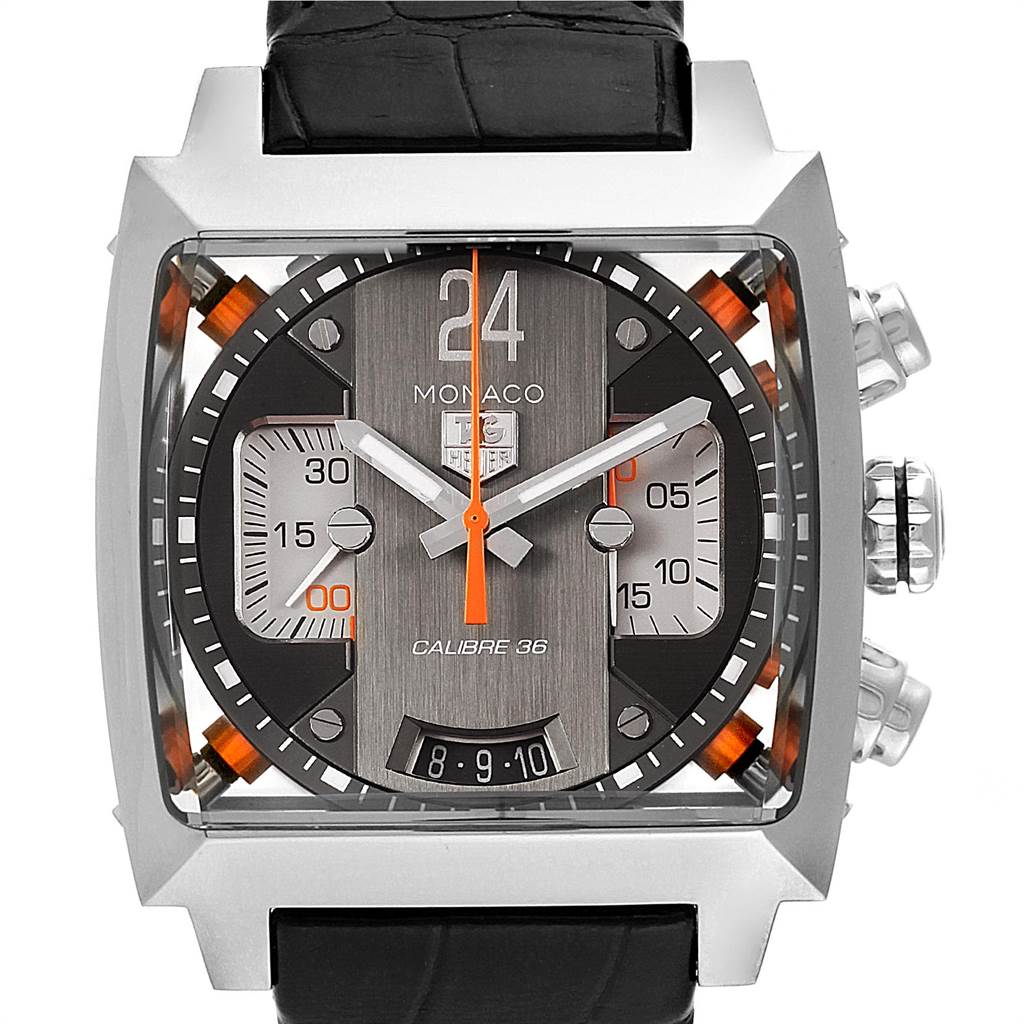 The image shows a front view of a Tag Heuer Monaco CAL5112.FC6298 Men's Stainless Steel Grey Dial CAL5112.FC6298 Men's Stainless Steel Grey Dial watch, displaying the dial, chronograph subdials, and pushers.