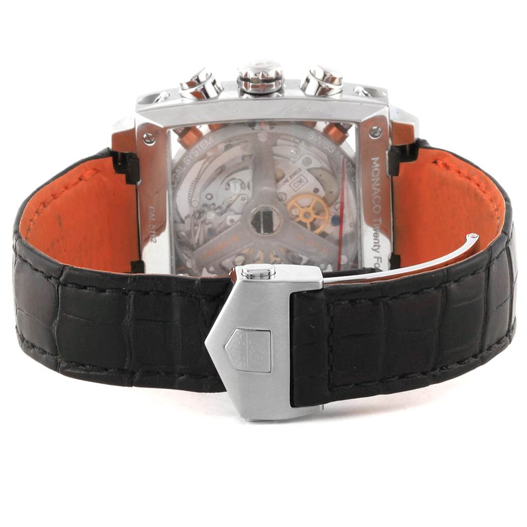 The image shows the back view of a Tag Heuer Monaco CAL5112.FC6298 Men's Stainless Steel Grey Dial CAL5112.FC6298 Men's Stainless Steel Grey Dial watch, highlighting the movement and black leather strap.