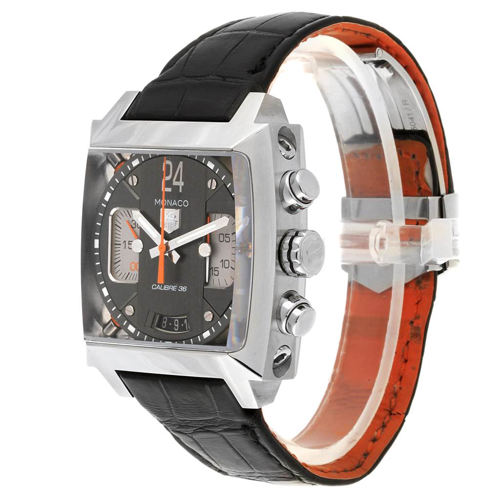 The image shows a Tag Heuer Monaco CAL5112.FC6298 Men's Stainless Steel Grey Dial CAL5112.FC6298 Men's Stainless Steel Grey Dial watch at a three-quarter angle, highlighting its dial, case, crown, pushers, and leather strap.