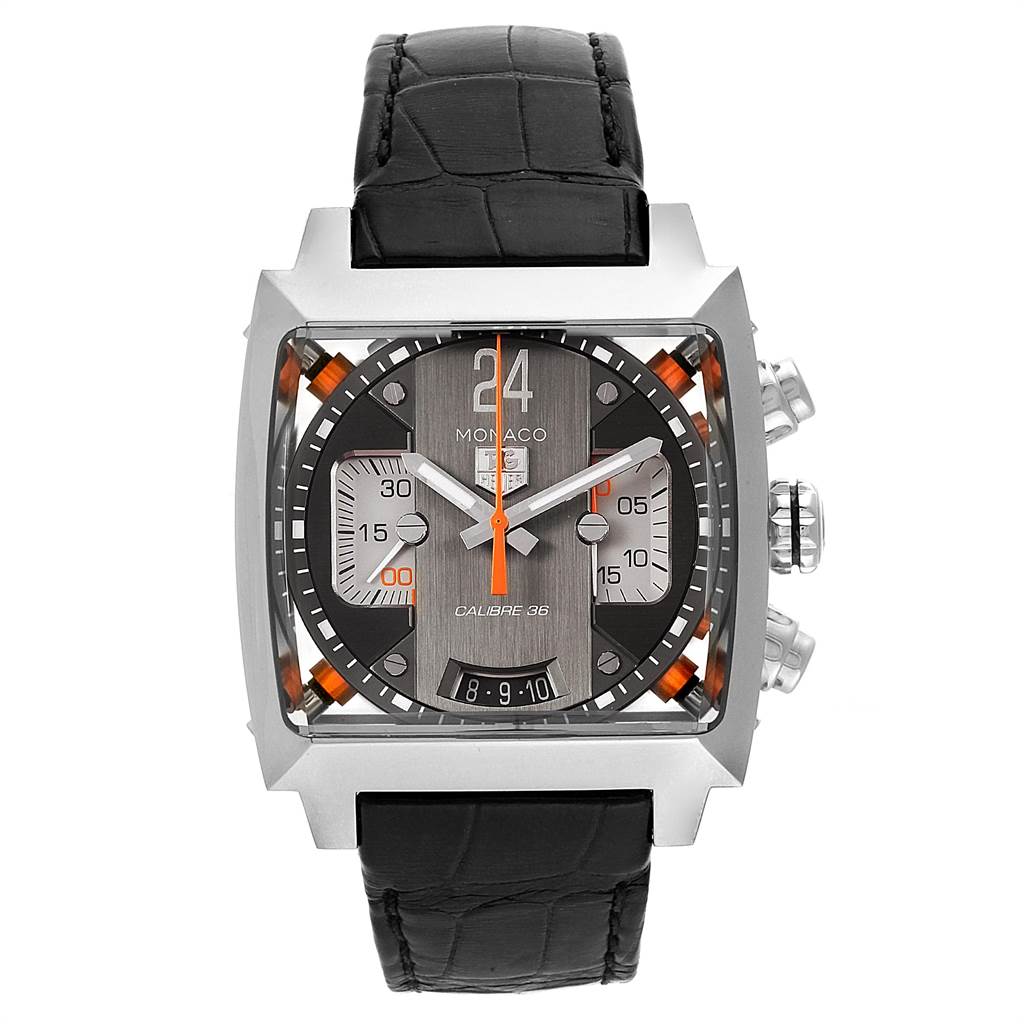 The image shows a front view of the Tag Heuer Monaco CAL5112.FC6298 Men's Stainless Steel Grey Dial CAL5112.FC6298 Men's Stainless Steel Grey Dial watch, highlighting its square face, black strap, and multiple sub-dials.