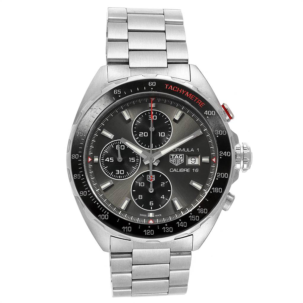 The Tag Heuer Formula 1 CAZ2012.BA0970 Men's Stainless Steel Grey Dial CAZ2012.BA0970 Men's Stainless Steel Grey Dial watch is shown from a front angle, displaying its dial, tachymeter, chronograph subdials, and metal bracelet.