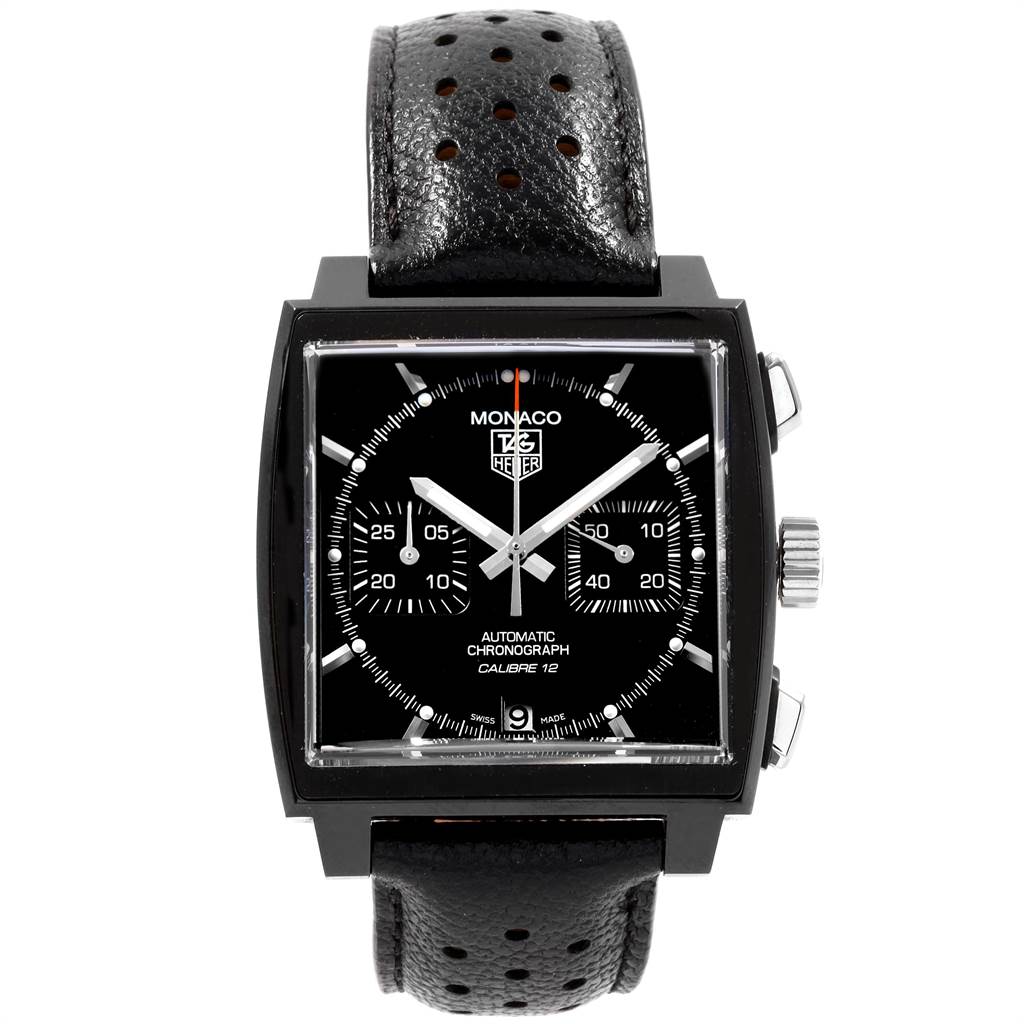 The image shows a front view of the Tag Heuer Monaco Limited Edition watch, highlighting its face, hands, subdials, and strap.