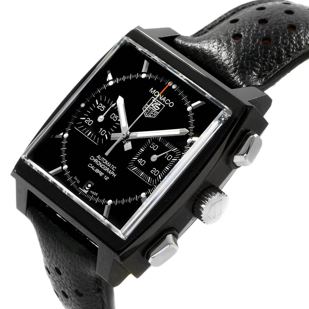 The image shows a Tag Heuer Monaco Limited Edition watch angled to display the face, chronograph dials, and side buttons.
