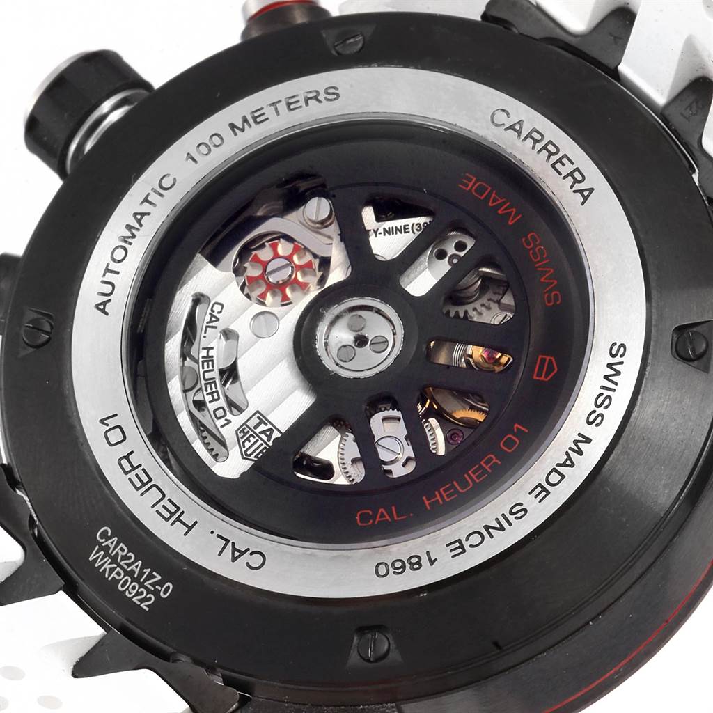 The image shows the case back and inner mechanism of the Tag Heuer Carrera CAR2A1Z.FT6051 Men's Titanium Black Dial CAR2A1Z.FT6051 Men's Titanium Black Dial Cal. HEUER 01 watch, highlighting the automatic movement.