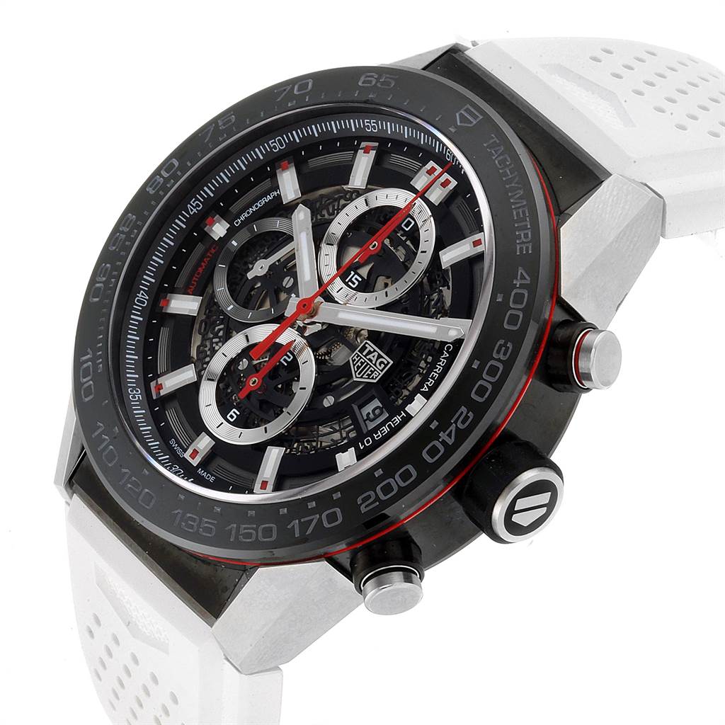 The image shows a close-up angled view of the Tag Heuer Carrera CAR2A1Z.FT6051 Men's Titanium Black Dial CAR2A1Z.FT6051 Men's Titanium Black Dial watch, highlighting the dial, chronograph, and tachymeter bezel.