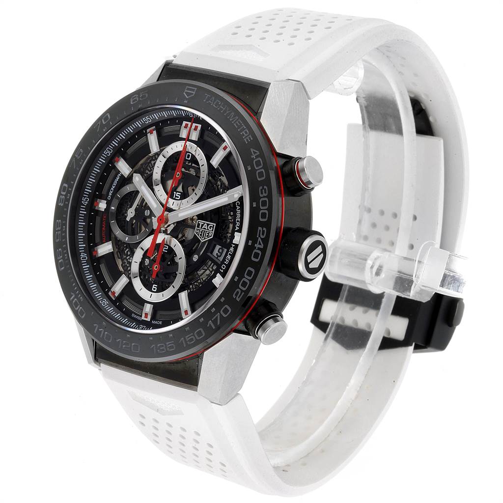 This Tag Heuer Carrera CAR2A1Z.FT6051 Men's Titanium Black Dial CAR2A1Z.FT6051 Men's Titanium Black Dial watch is shown at a three-quarter angle, highlighting its face, case, and white perforated strap.